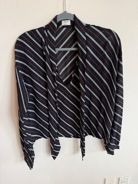 Wilfred Black Striped Tie-Neck Blouse with White and Burgundy Stripes
